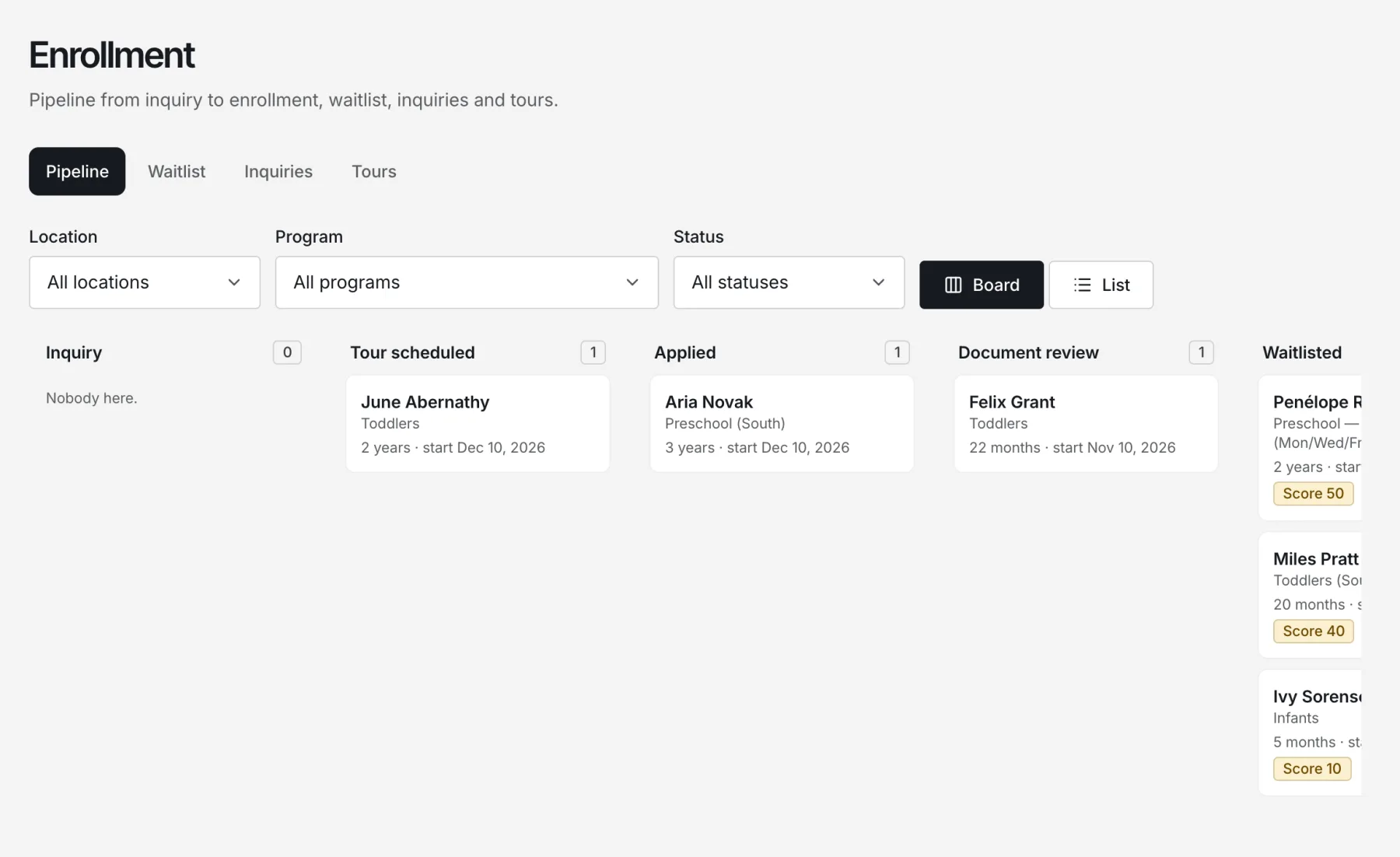 Nestunzo enrollment pipeline with columns for tour scheduled, applied, document review and waitlisted families