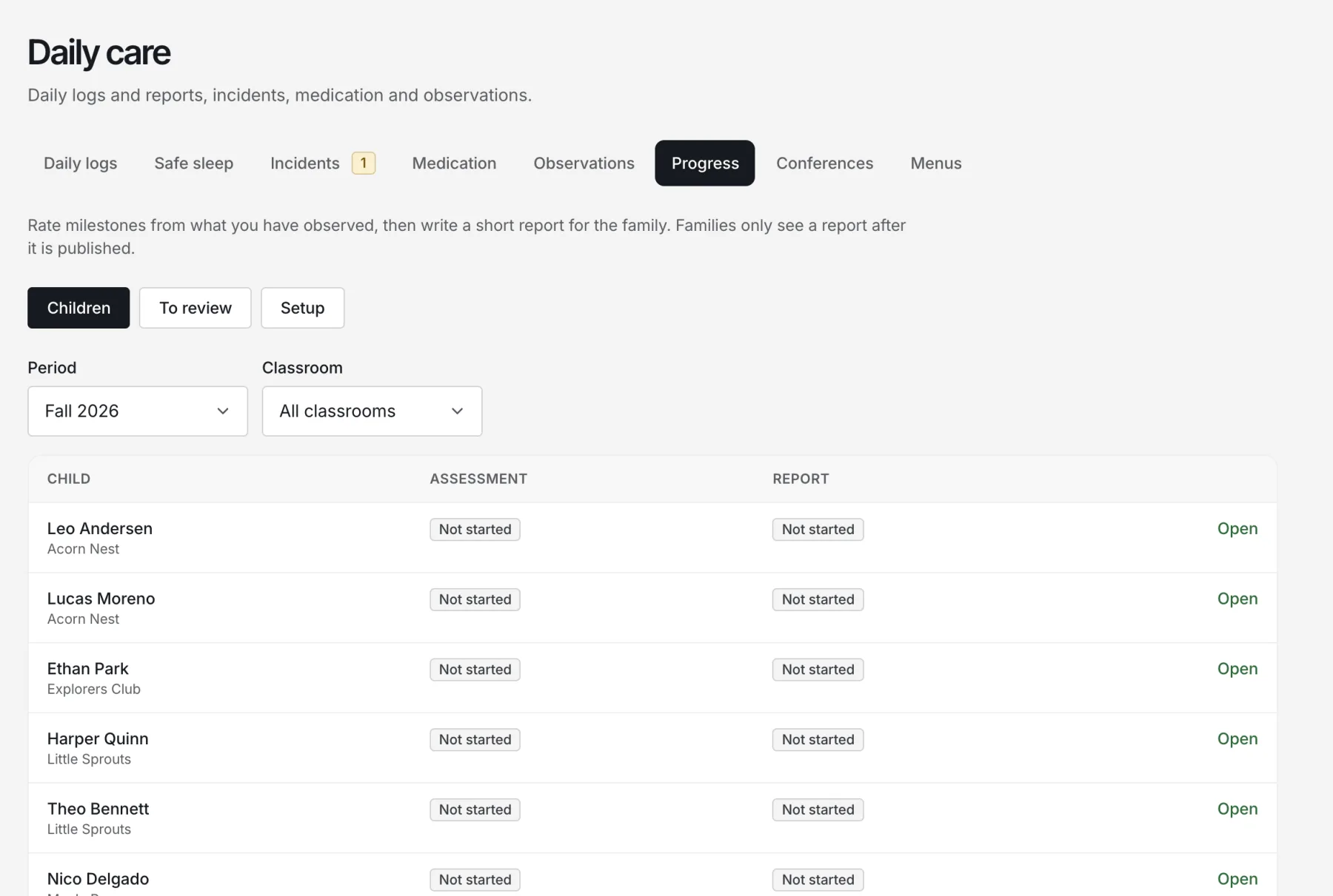 Nestunzo progress reports list with assessment and report status for each child