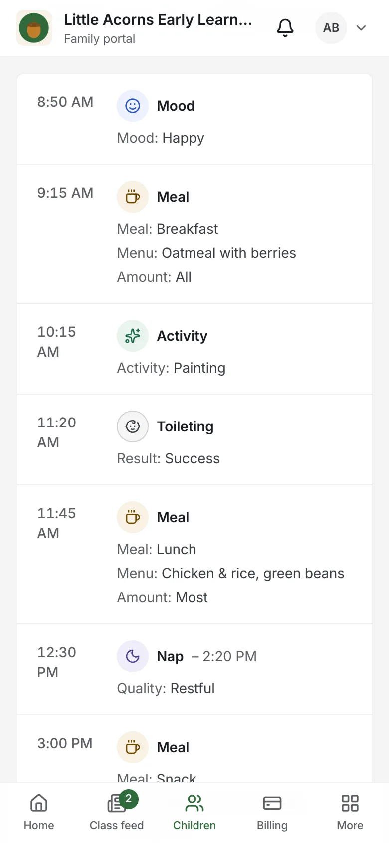 Nestunzo family app showing a child’s daily report with mood, meals and activities