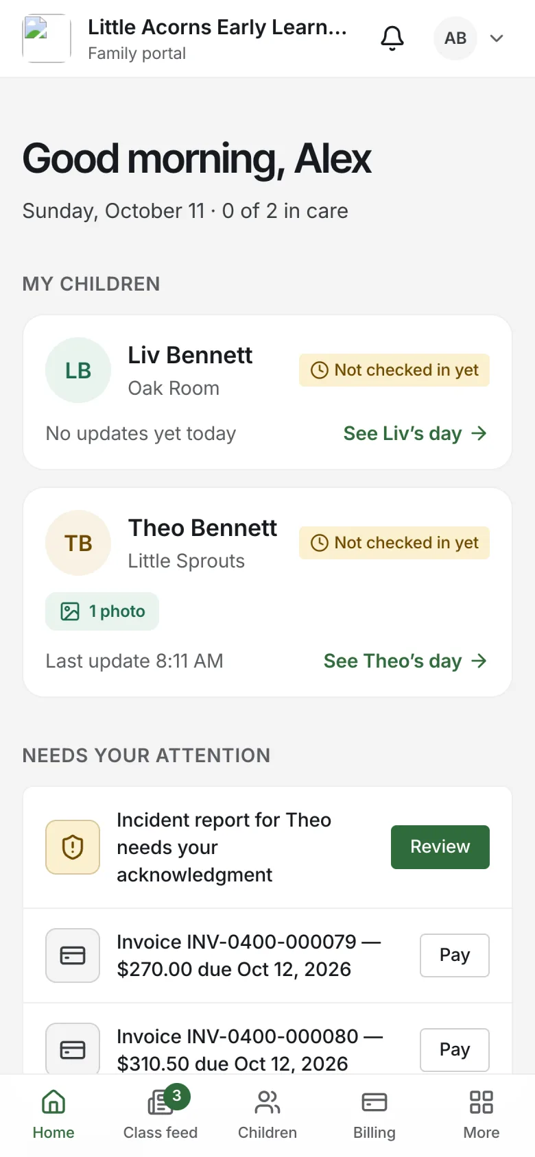 Nestunzo family app showing a parent’s Today screen with two children and items that need attention